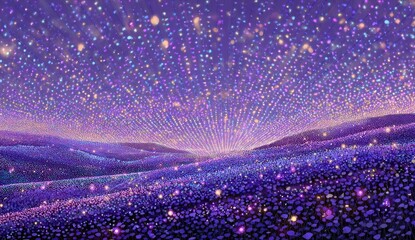 Vibrant, glowing field at dawn, dotted with light specks