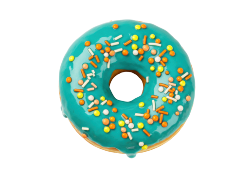 Isolated donut with teal icing and bright colorful candy sprinkles, yummy dessert treat