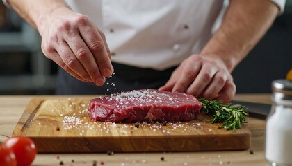 Chef seasons a raw steak with salt over a wooden cutting board, accompanied by rosemary and tomatoes
