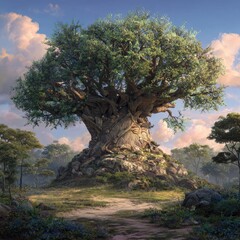 Lush, ancient tree atop rocky hill, serene landscape