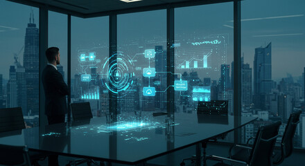 Futuristic Business Meeting with Holographic Interface and City View.