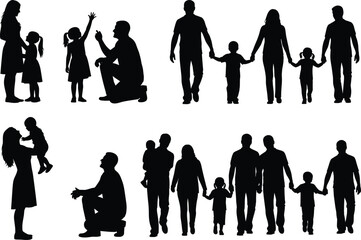 Family silhouette vector, parents and children, diverse family poses, happy moments, parenting concept, black isolated figures, emotional bonding, stock illustration
