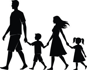 Family walking together silhouette, parents and children holding hands, black vector illustration, unity, bonding, outdoor activity, happy family moment, clipart
