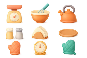 Colorful 3d kitchen objects collection with baking and cooking tools