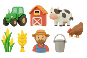 Colorful farm life: playful 3d icons of tractor, barn, animals, and crops