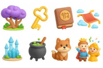 Whimsical fairy tale elements in 3d style: magical objects and characters