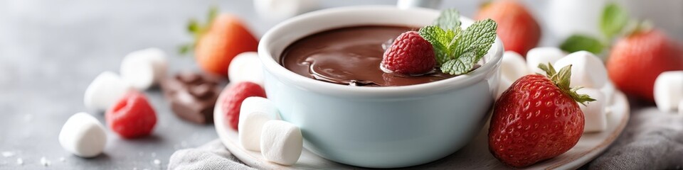 Indulge in a delightful chocolate fondue experience with fresh fruits and fluffy marshmallows