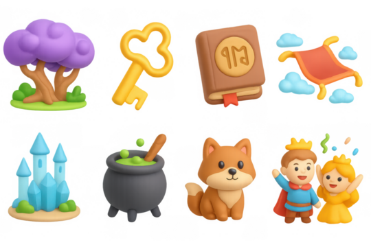 Whimsical fairy tale elements in 3d style: magical objects and characters