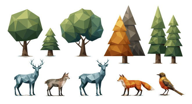 Geometric forest scene featuring trees deer fox and bird on white backdrop