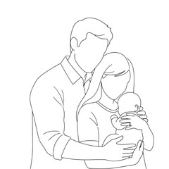 Family Line Art Couple Holding Baby on White Background Keywords: family, couple, parents, baby