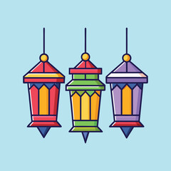 Three colorful festive Ramadan lanterns hanging against a vibrant blue background