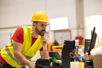 A focused warehouse worker analyzes data on a computer, spotlighting concentration and efficiency in a professional workspace.