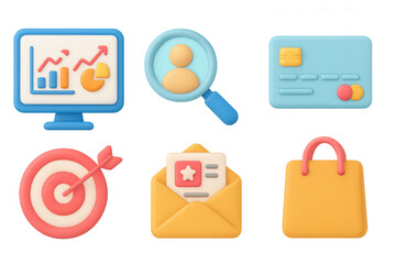 3d business analytics icons: charts, search, finance, and shopping