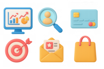 3d business analytics icons: charts, search, finance, and shopping