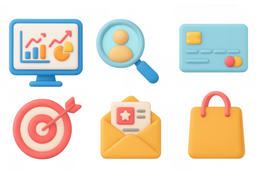 3d business analytics icons: charts, search, finance, and shopping - Powered by Adobe