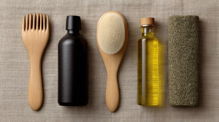 Scalp massage in mental wellness program includes wooden comb, brush, oil and towel for relaxation and self care