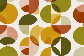 mid century modern geometric pattern with overlapping circles and semicircles in muted terracotta olive and mustard tones on ivory background clean retro illustration
