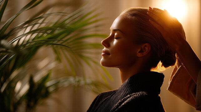 Scalp massage in mental wellness program promotes relaxation and stress relief in serene spa environment with soft sunlight