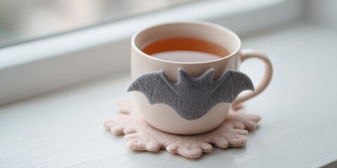 Fototapeta premium Halloween for introverts concept shows A cozy cup of tea featuring a bat-shaped design, resting on a decorative coaster by a window.