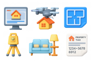 Real estate 3d icons: drone, floor plan, furniture, property tax