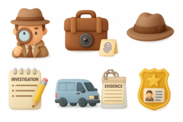 Detective icons set with hat, magnifying glass, briefcase, and evidence elements