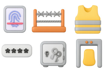 3d security icons collection with safe, fingerprint, alarm, barrier, and vest