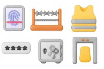 3d security icons collection with safe, fingerprint, alarm, barrier, and vest
