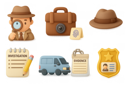 Detective icons set with hat, magnifying glass, briefcase, and evidence elements