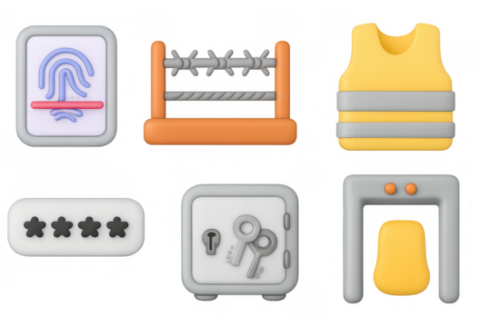 3d security icons collection with safe, fingerprint, alarm, barrier, and vest