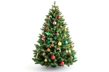 Fototapeta premium Festive christmas tree decorated with red ribbon, ornaments, and candy canes