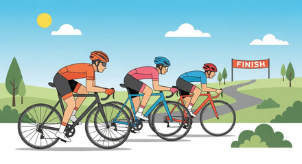 Naklejka premium Cycling race competition with cyclists riding bikes to the finish line in outdoor cycling event scene