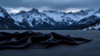 Dark, draped silk or velvet fabric on a surface, set against a blurred background of snow-capped mountains and a cold, moody twilight sky. Elegant product display