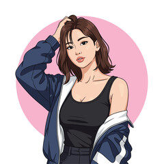 Stylish Young Woman in Casual Hoodie and Tank Top