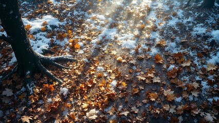 A dramatic close-up of a tree trunk and roots on a forest floor, covered in rich brown and orange autumn leaves partially dusted with fresh snow. Seasonal transition