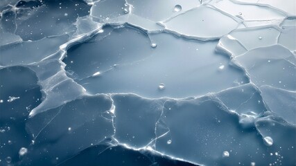 A dramatic close-up of fractured blue ice with sharp, cracked edges and water droplets, reflecting light. Abstract, cold, and dark texture background