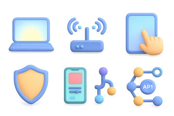 3d technology icons set: laptop, wi-fi, tablet, security, mobile, network, api