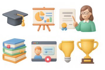 3d education icons: graduation cap, teacher, certificate, statistics, books, award