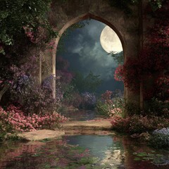 Moonlight archway through a lush, floral garden