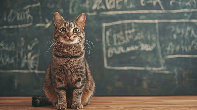 A curious cat sitting in front of a chalkboard with mathematical equations written on it.