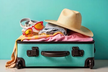 A neatly organized suitcase overflowing with summer clothes, hats, and sandals ready for a vacation Perfect for travel, packing, and summer holiday themes , sunhat, apparel, sandals