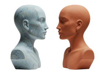 Isolated sculpted head busts facing each other in cool blue marble and warm terracotta tone