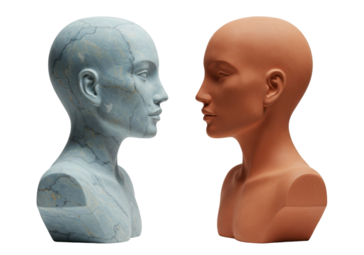 Isolated sculpted head busts facing each other in cool blue marble and warm terracotta tone