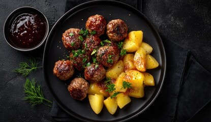 Roasted meatballs and potatoes with sauce