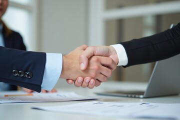Close-up Handshake Between Russian Male Manager and Female Entrepreneur in Formal Attire