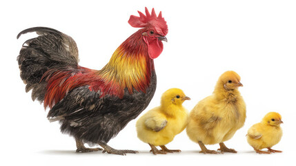 Fototapeta premium Bright red roosters, yellow small chickens, and family portraits of farm animals on a white background 