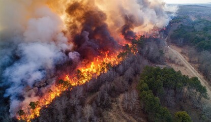 Aerial view of forest fire engulfing trees