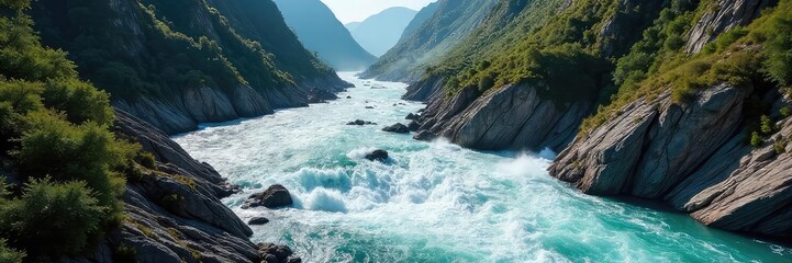 Dramatic Whitewater Rapids Surge Through Rocky Canyon, Untamed Natures Power