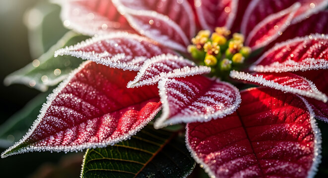 Close-up of a red poinsettia flower with frost on the petals.