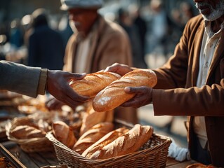 Hands exchanging baguettes at a market