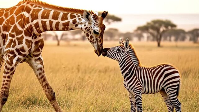 A gentle giraffe nuzzles its nose against a baby zebra in a sun-drenched savanna landscape.